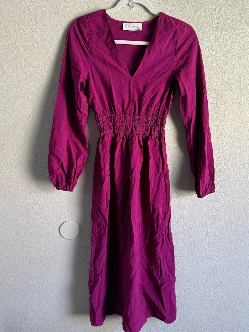 Self Contrast Magenta Smocked-Waist Midi Dress